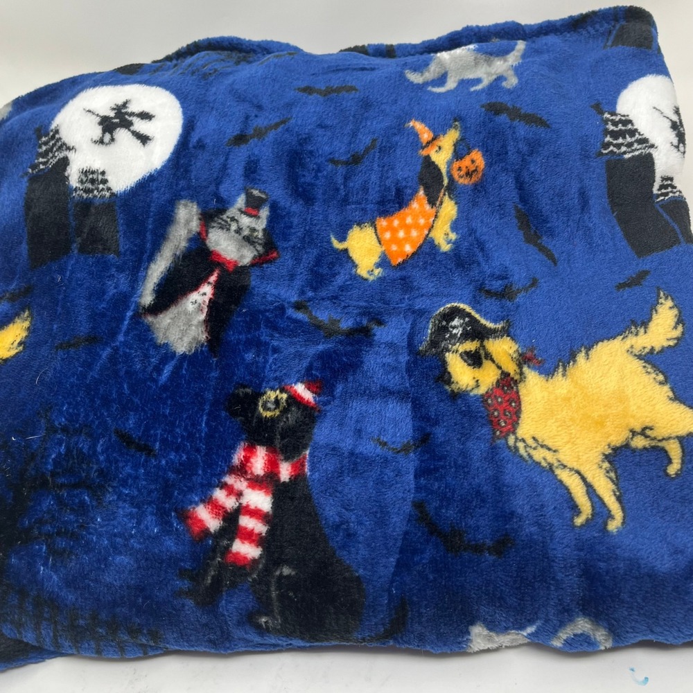 Halloween Plush Throw Blanket - Dogs Cats Costumes Witch Moon Blue 50" x 60"